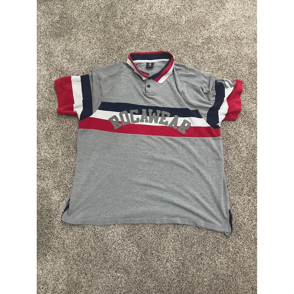 Rocawear Mens 3XL Gray Striped Polo Shirt Short Sleeve Pique Hip‎ Hop Streetwear